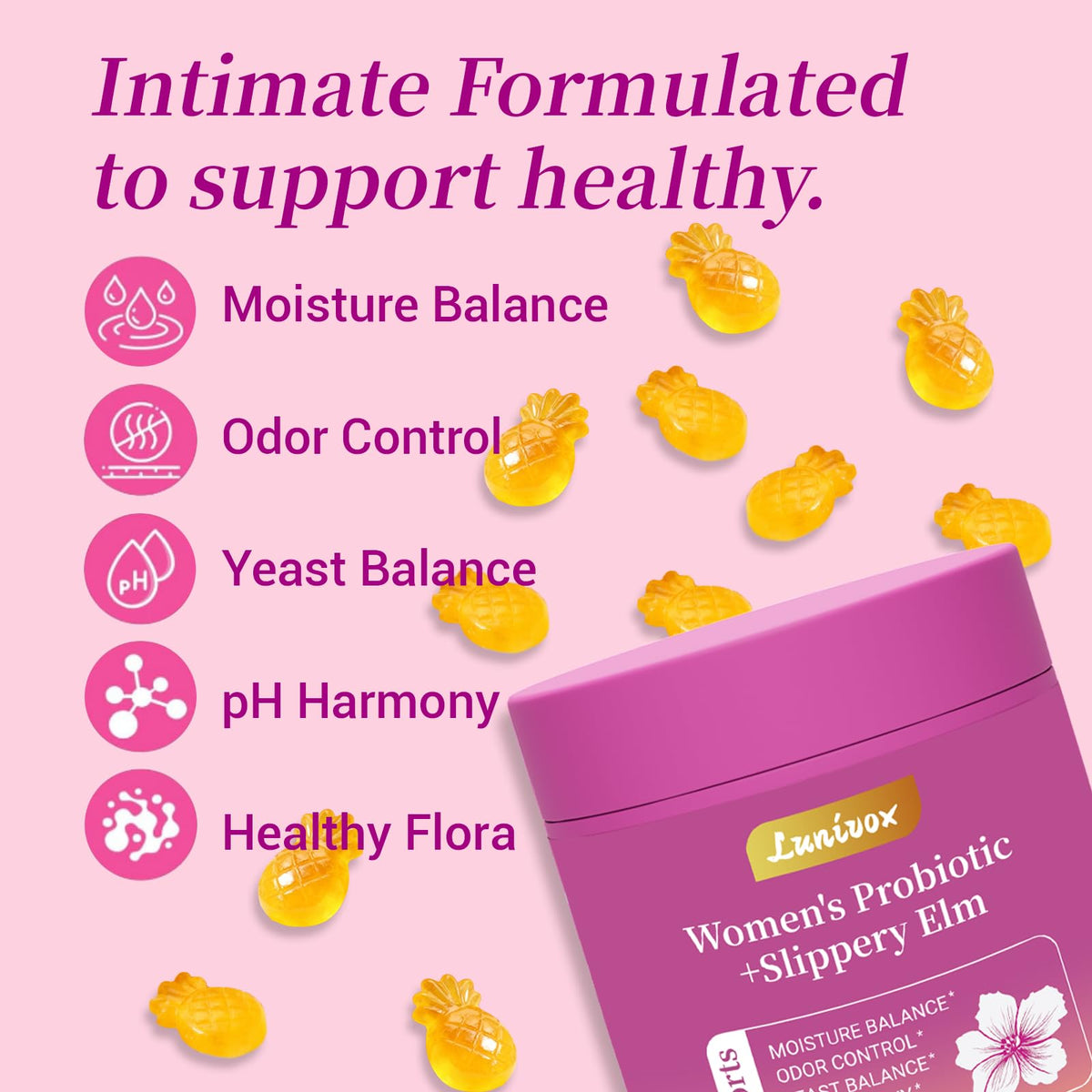 Lunivox Her Juicy Feminine Probiotics Gummies for Women, with Prebiotics & Slippery Elm - Promotes pH Balance, Gut Health & Immune Support - Pineapple Flavor, 60 Count Lunivox buy supplements Au