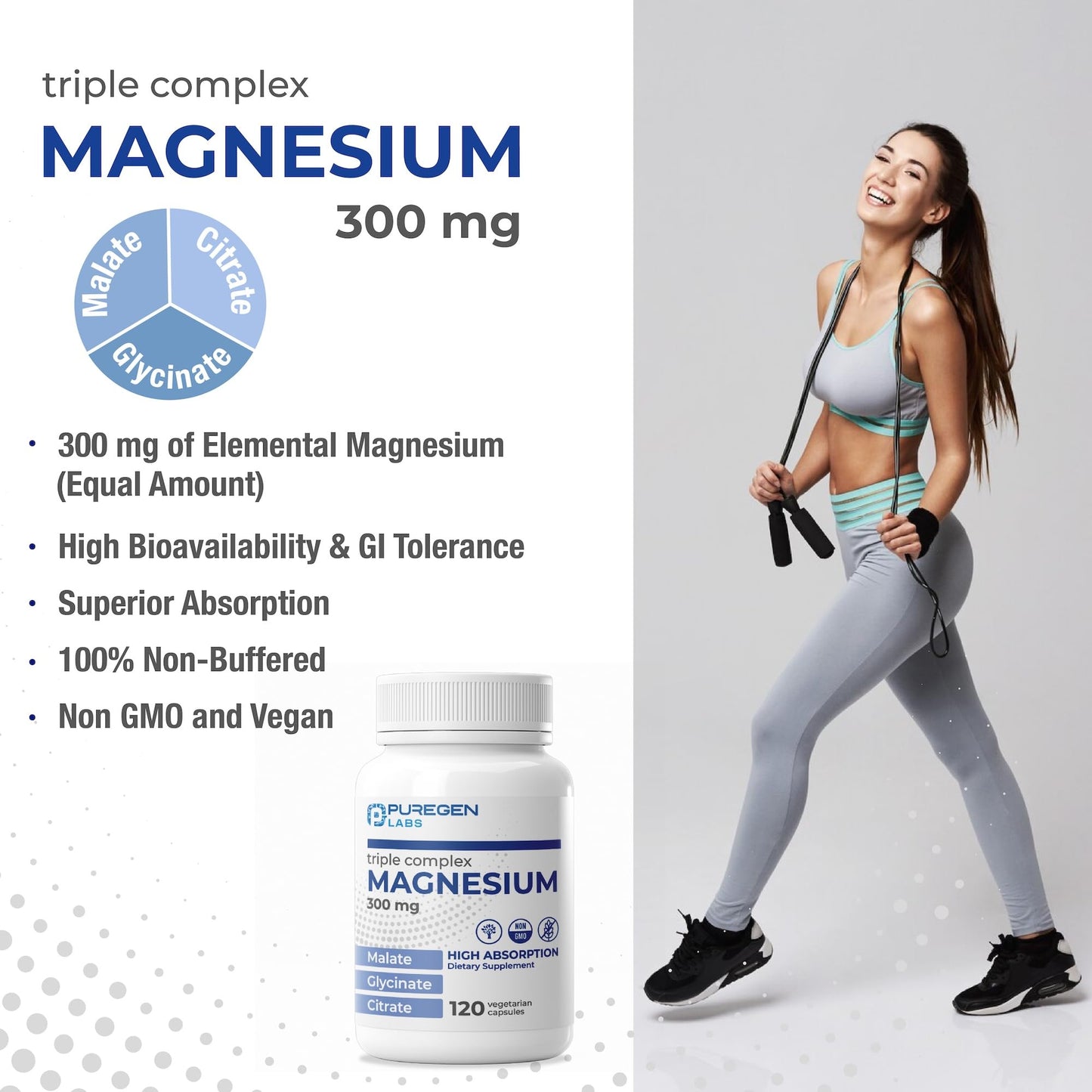 Puregen Labs Triple Magnesium Complex 300mg of Magnesium Glycinate, Malate, & Citrate