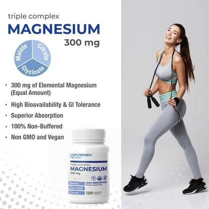 Puregen Labs Triple Magnesium Complex 300mg of Magnesium Glycinate, Malate, & Citrate