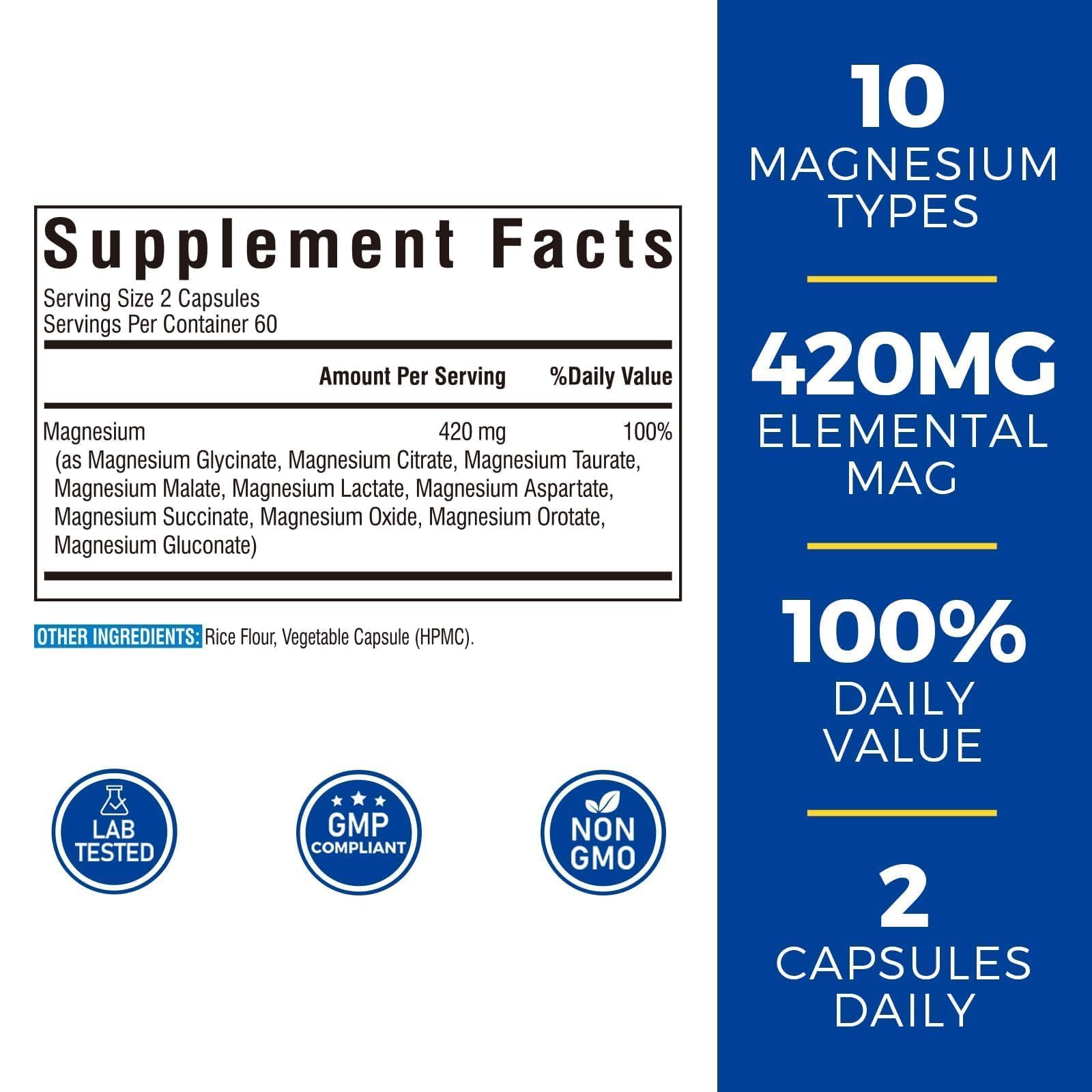 Vitalibre 10 in 1 Magnesium Complex, 420mg Elemental Magnesium | Ultra Strength, Max Absorption | Chelated Magnesium Supplement for Nerves, Bone & Heart Health | Non-GMO, 120 Vegan Capsules Vitalibre buy supplements Au