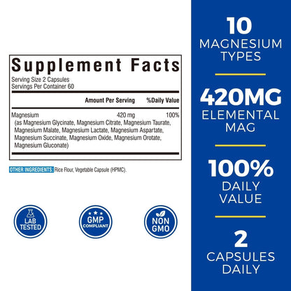 Vitalibre 10 in 1 Magnesium Complex, 420mg Elemental Magnesium | Ultra Strength, Max Absorption | Chelated Magnesium Supplement for Nerves, Bone & Heart Health | Non-GMO, 120 Vegan Capsules Vitalibre buy supplements Au