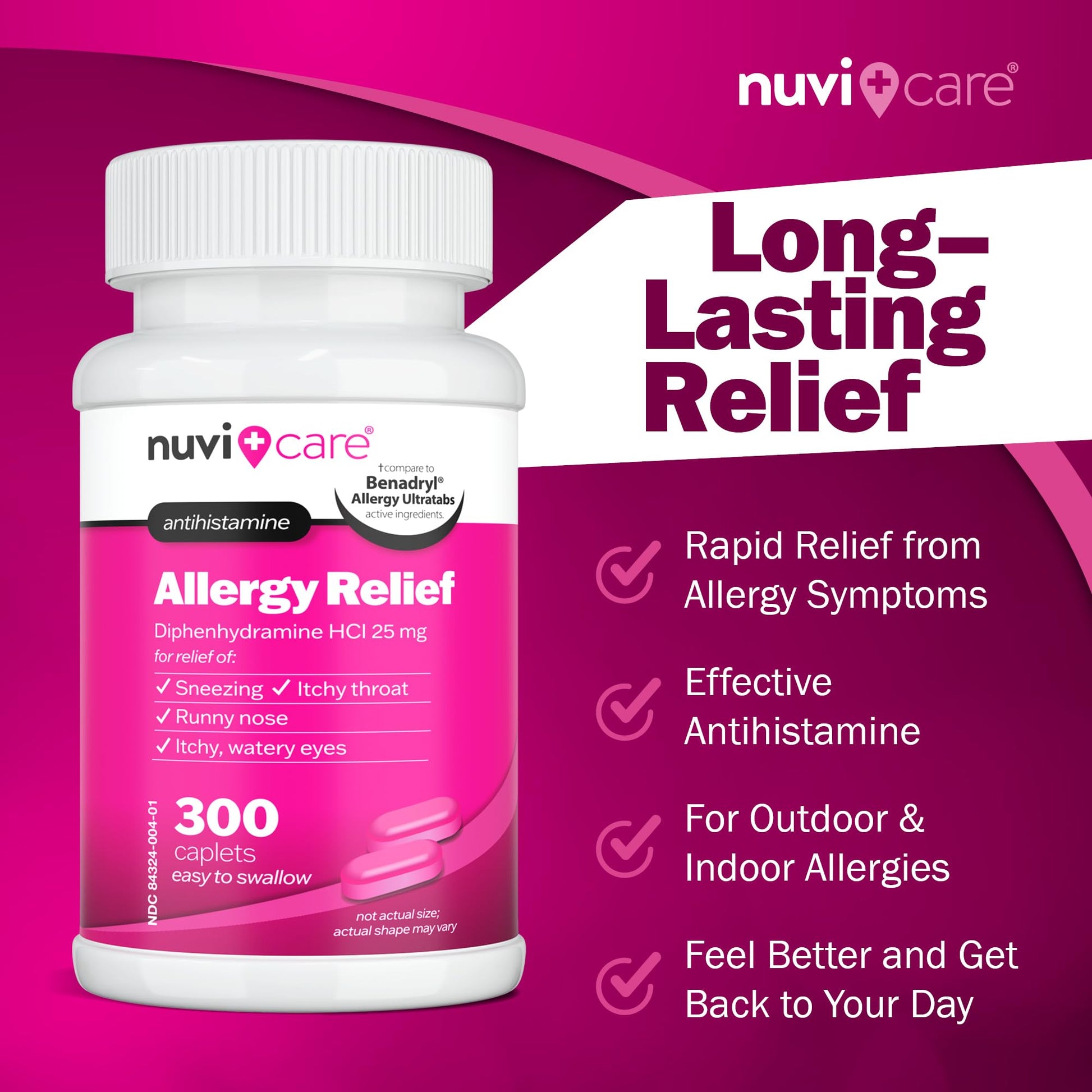 NUVICARE Allergy Relief Tablets - Diphenhydramine 25mg Antihistamine Tablets for Runny Nose, Sneezing, Itchy Eyes & Throat - Compare to Benadryl Allergy Meds - OTC Adult Allergy Medicine (300 Count) NUVICARE buy supplements Au