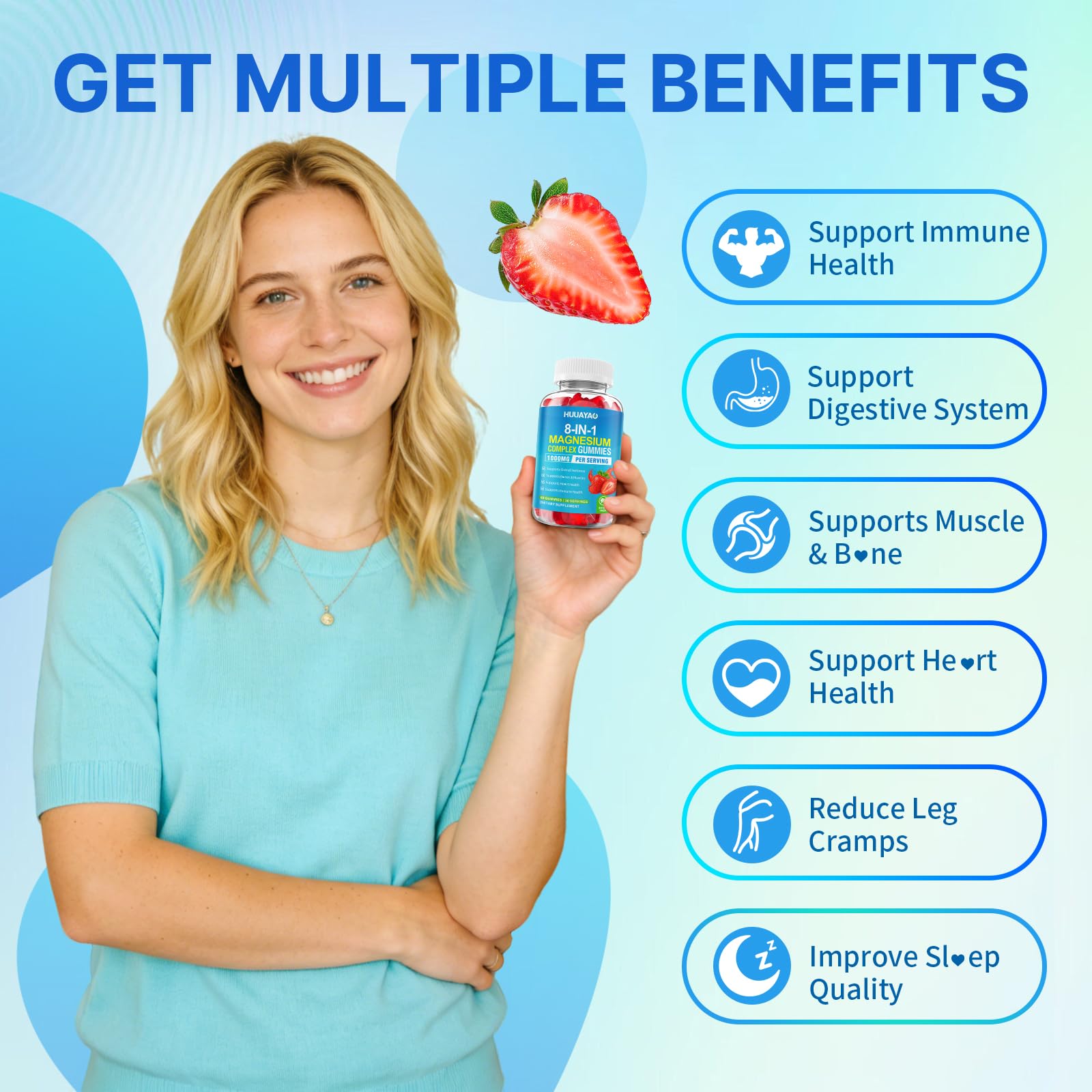 Magnesium Complex Gummies for Women Men 8 in 1, Magnesium Glycinate, Citrate, Malate, Taurate, Supports Bones, Muscle, Nerve Health, Sugar-Free, Vegan Non-GMO, Strawberry Flavor, 120 Count HUUAYAO buy supplements Au