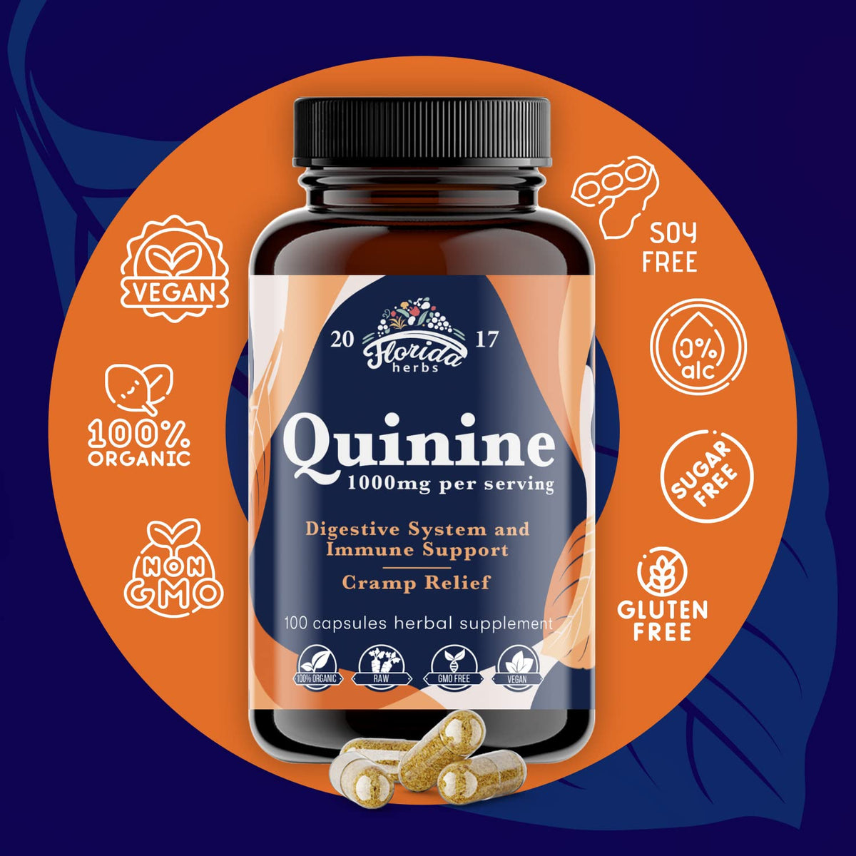 FLORIDA HERBS Quinine for Leg Cramps 1000 mg - 110 Capsules - Cinchona Bark Extract Supplement - Quinine Capsules - Vegan, Non - GMO FLORIDA HERBSBuy Supplements Australia
