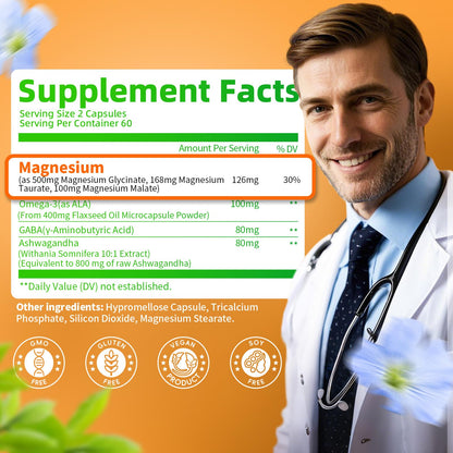 Triple Magnesium Complex - Magnesium Glycinate, Taurate & Malate Supplement with Omega3, Ashwagandha, GABA for Sleep, Brain Heart & Muscle Support - High Absorption and Gentle, Vegan, 120 Capsules iMATCHME buy supplements Au