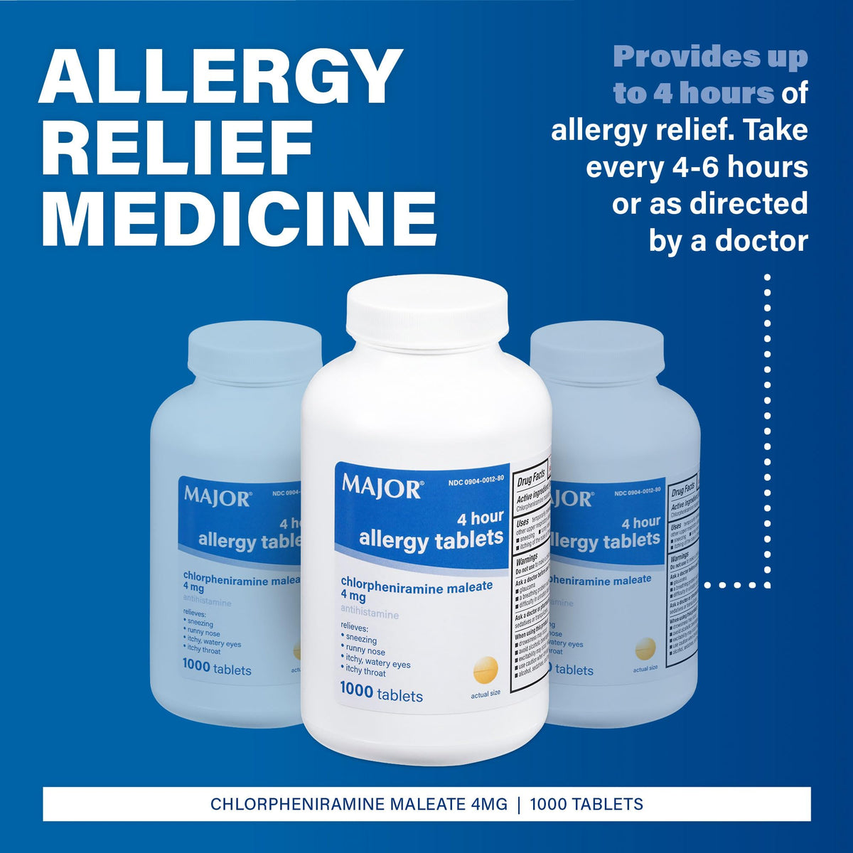 MAJOR 4 Hour Allergy Tablets - Chlorpheniramine Maleate - 4 mg - Antihistamine - 1000 Count (1 Pack) MAJOR buy supplements Au