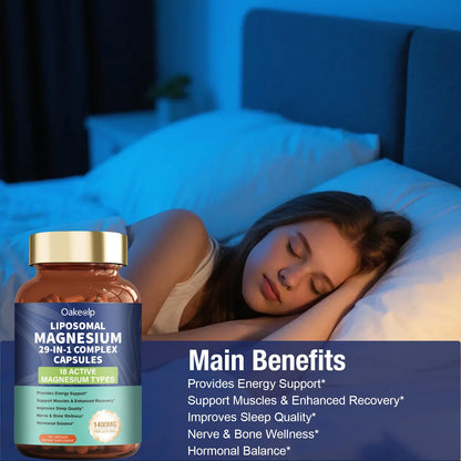29-in-1 Liposomal 18 Active Types Magnesium Complex 1400MG Capsule,L-Threonate Glycinate Malate etc,Mild & Efficient,Extra Vitamin B6 B12 D3K2 & CoQ10, Relaxation Nerve* & Hert* Support Oakevlp buy supplements Au