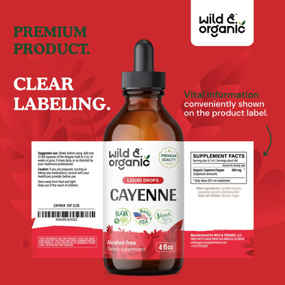 Wild & Organic Cayenne Pepper Tincture - Digestive Support with Capsaicin Extract - Cayenne Pepper Liquid Drops for Overall Well-Being - Unflavored, Vegan, Sugar & Alcohol-Free - 4 fl oz Wild & Organic buy supplements Au