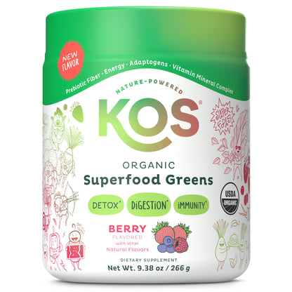 KOS Organic Superfood Greens Powder - Gut Health from Prebiotic Fiber, Supergreens and Adaptogens - USDA Certified Organic, Made in a GMP Certified Facility - 28 Servings Berry KOS buy supplements Au