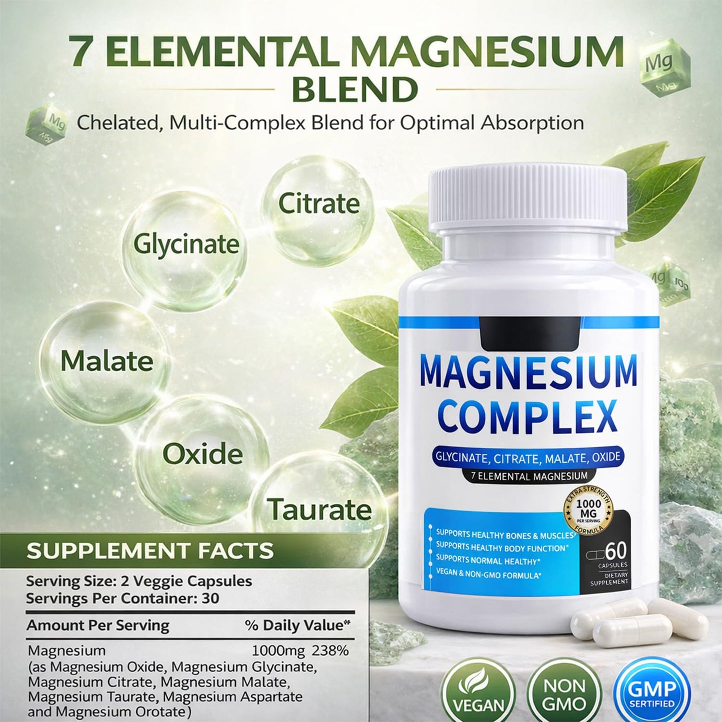 Magnesium Complex for Women & Men 1000mg — 7-in-1 Magnesium (Glycinate, Citrate & Malate) for Sleep Support, Stress Relief, Muscle Recovery — Vegan, 60 Capsules ElixAid buy supplements Au
