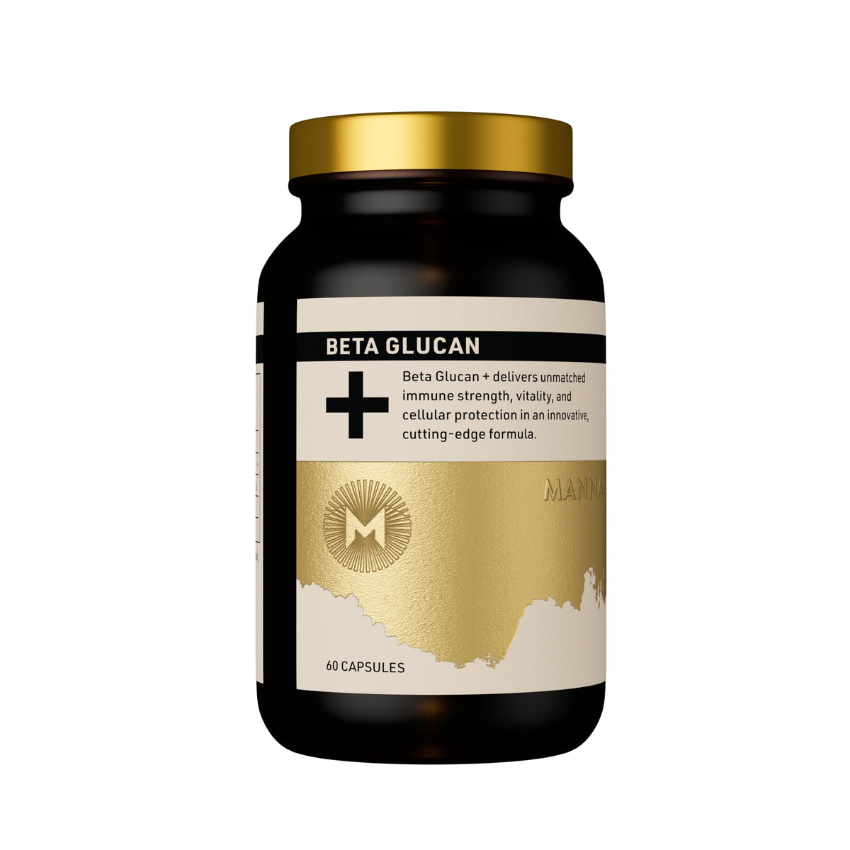 Beta Glucan supplement bottle with gold and black design on a white background