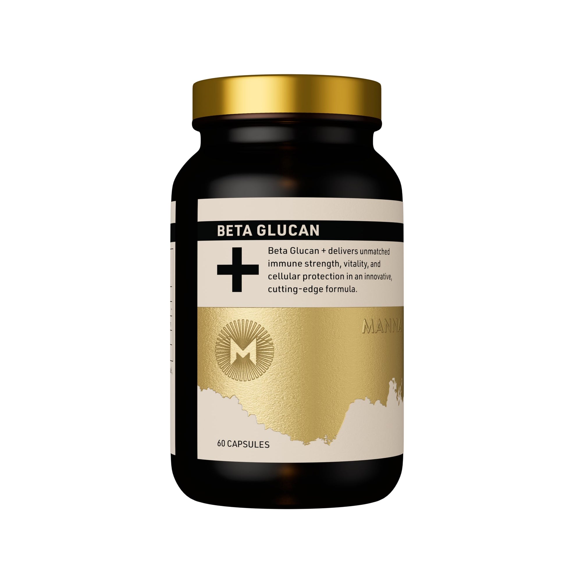 Beta Glucan supplement bottle with gold and black design on a white background