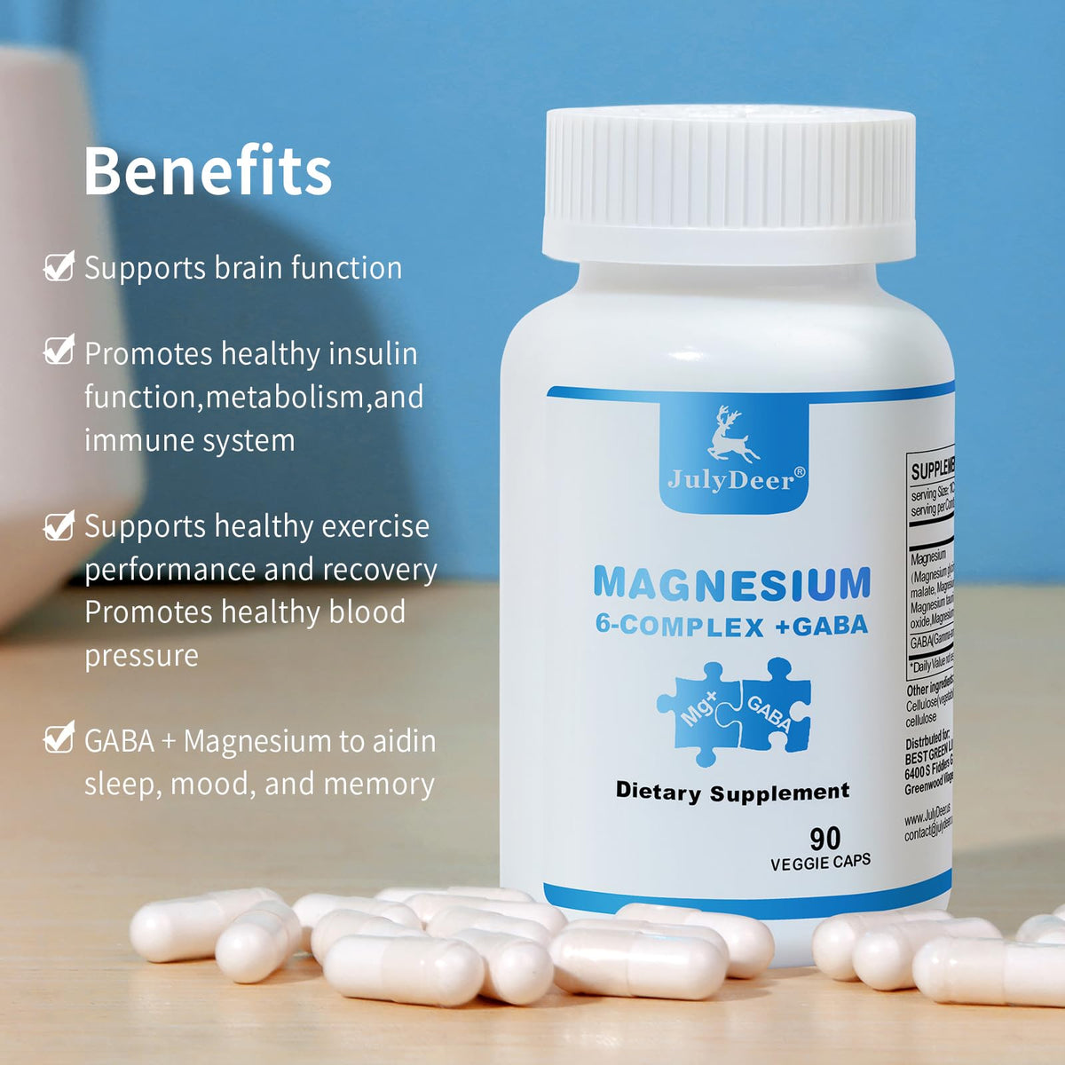 JulyDeer Sixfold Magnesium Complex | 350mg of Magnesium Glycinate, Malate, Citrate, Taurine, Oxide, Mg+ for Muscles,Nerves,& Energy, GABA Sleep Support | High Absorption | Vegan | 90 Capsules Risabou buy supplements Au