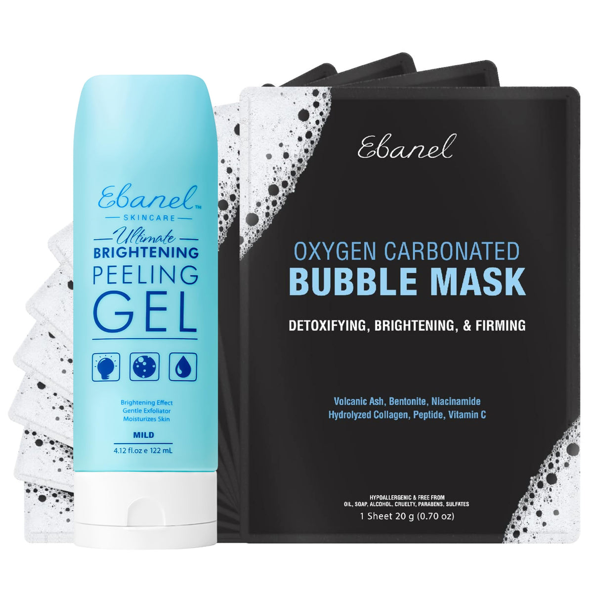 Ebanel Bundle of 10 Pack Bubble Clay Masks, and Exfoliating Face Scrub Peeling Gel Mild 4.12 Oz