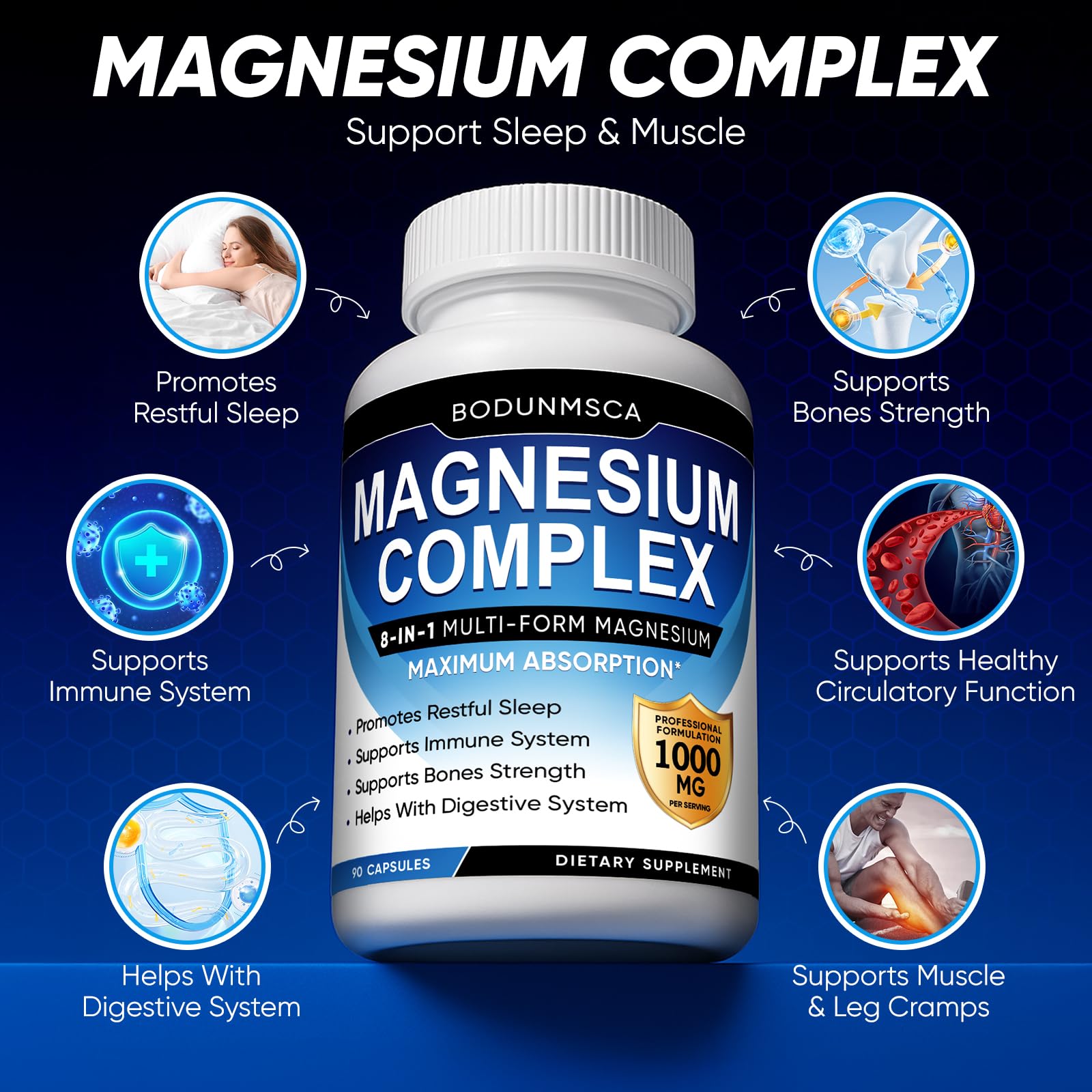 Magnesium Complex, 8 in 1, 1000mg-Glycinate, Citrate, Malate for Easy Absorption, Full Spectrum Magnesium Complex,Supports Relaxation, Sleep & Muscle Function, Magnesio Complex for Women, 180 Capsules BODUNMSCA buy supplements Au