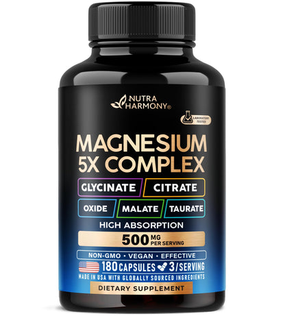 Supplement bottle labeled 'Magnesium 5X Complex' by Nutra Harmony on a white background
