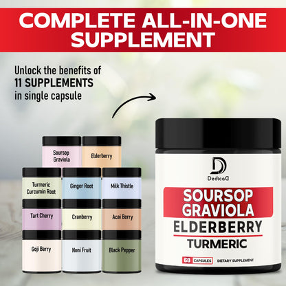 DEDICAD 11in1 Graviola Soursop Capsules - Blended with Elderberry, Turmeric, Ginger, Milk Thistle, Cranberry & More - Support Positive Mood, Immune System & Body Management DEDICAD buy supplements Au