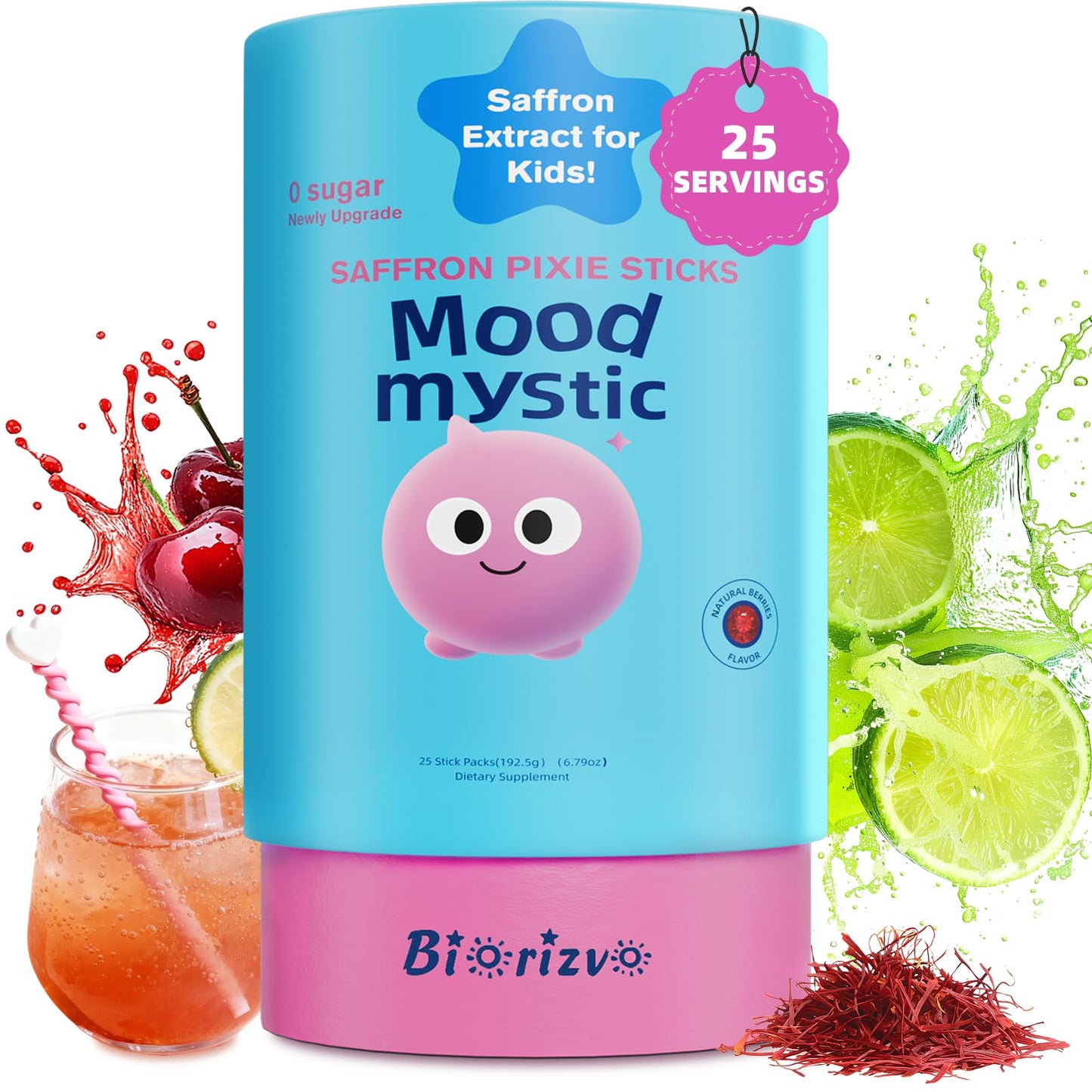 Biorizvo Saffron Drink for Kids - Saffron Exact Drink Mix with GABA, Magnesium & Vitamin D3 - Supports Mood Focus & Sleep, Calms Temper Tantrums, Fruit Punch Drink Sticks Mix for Kids 4+, Sugar-Free