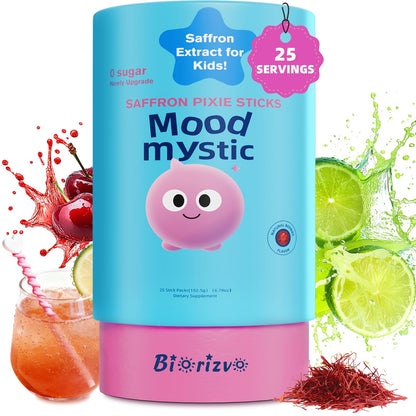 Biorizvo Saffron Drink for Kids - Saffron Exact Drink Mix with GABA, Magnesium & Vitamin D3 - Supports Mood Focus & Sleep, Calms Temper Tantrums, Fruit Punch Drink Sticks Mix for Kids 4+, Sugar-Free