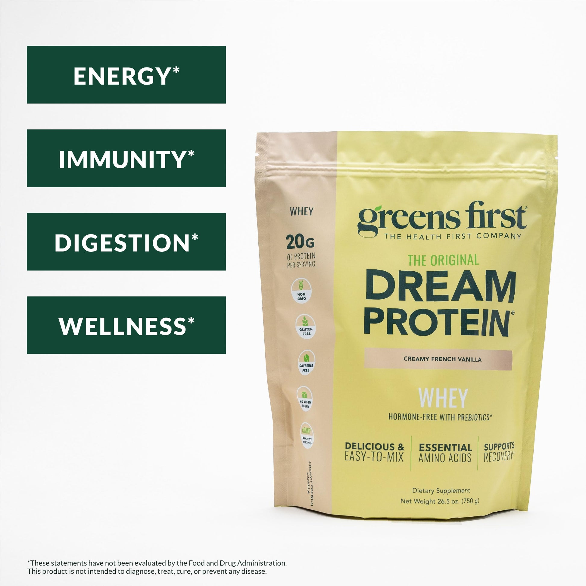 Greens First Dream Protein Powder Whey - 20g Protein Per Serving - Hormone-Free with Prebiotics - Non-GMO - No Artificial Sweeteners/MSG/Aspartame (Creamy French Vanilla, 26.5 oz) Greens First buy supplements Au