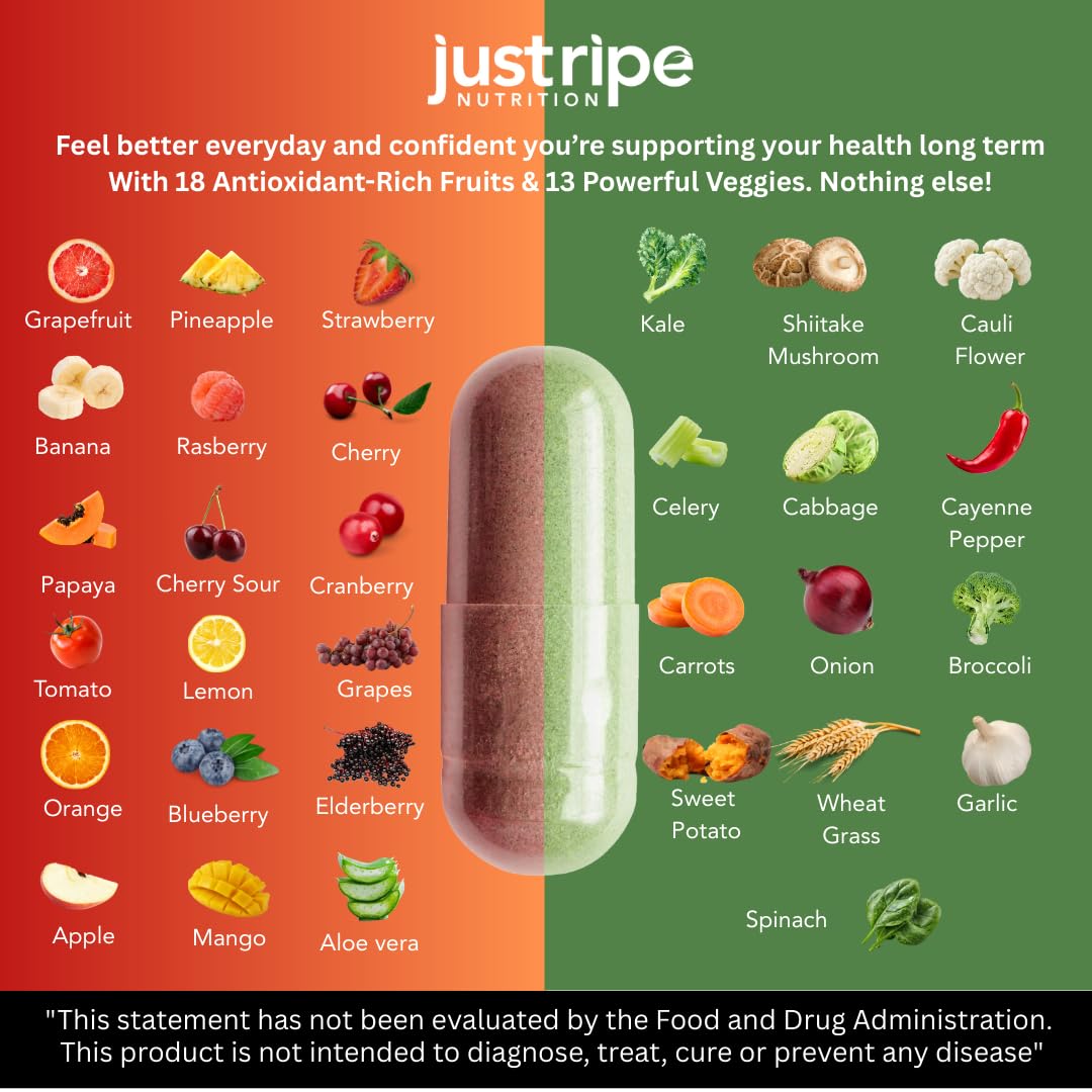 Fruits and Veggies Supplement - 90 Fruit and 90 Vegetable Capsules - 100% Whole Natural Superfood - Filled with Super Greens Vitamins and Minerals - Supports Balance Energy Levels (1 Pack) Just Ripe Nutrition buy supplements Au