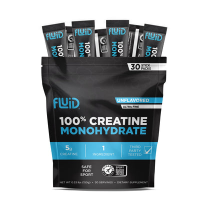 Fluid Creatine - Informed Sport Certified | Ultra-Fine Micronized 100% Creatine Monohydrate Powder | Unflavored | 5g Travel Stick Packs | 30 Servings Fluid buy supplements Au
