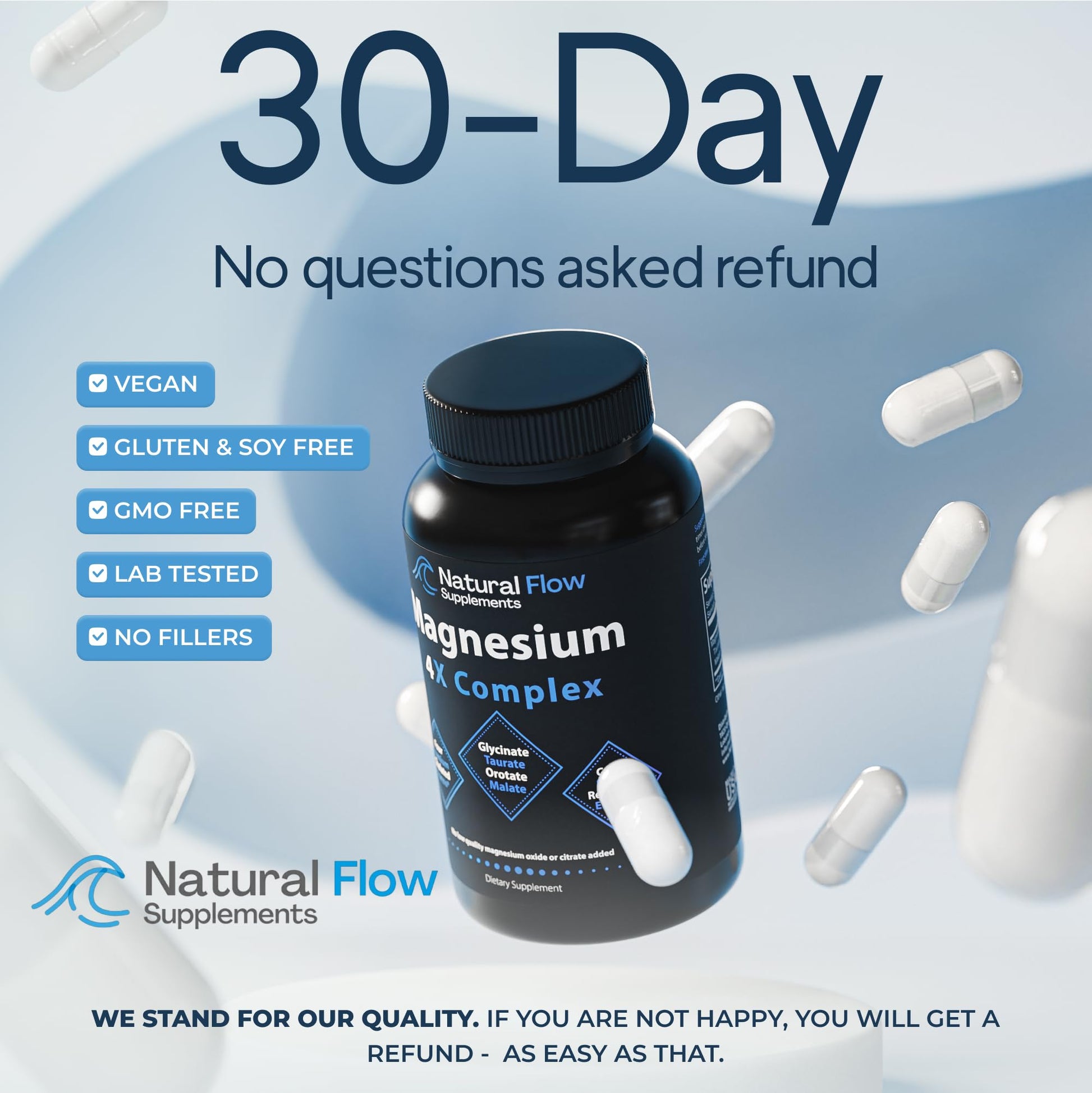 Natural Flow 4X Magnesium Supplement, Magnesium Glycinate, Taurate, Malate, Orotate Complex, Calm Sleep and Cramp Support Blend, No Mag Citrate or Oxide, 120 Capsules Natural Flow Supplements buy supplements Au