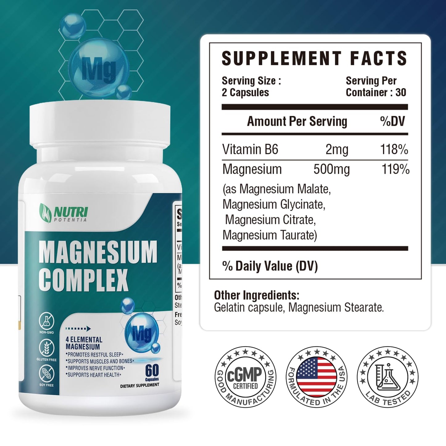Magnesium Complex for Women&Men,With Glycinate Malate Citrate Taurate.Support for Sleep,Stress Relief,Cognitive Function,Magnesium Supplement 500mg,Third-Party Tested(Made & Tested in USA)-60 Capsules NUTRI POTENTIA buy supplements Au
