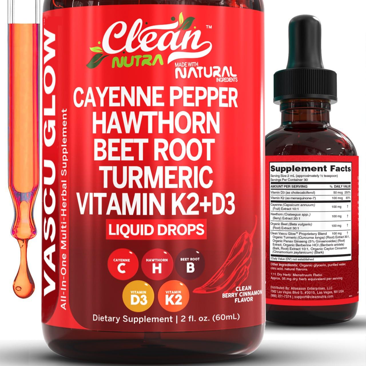 Clean Nutra Cayenne Pepper Drops Supplement Liquid + Hawthorn Berry, Vitamin D3 K2 Beet Root Powder, Ceylon Cinnamon, Turmeric Curcumin