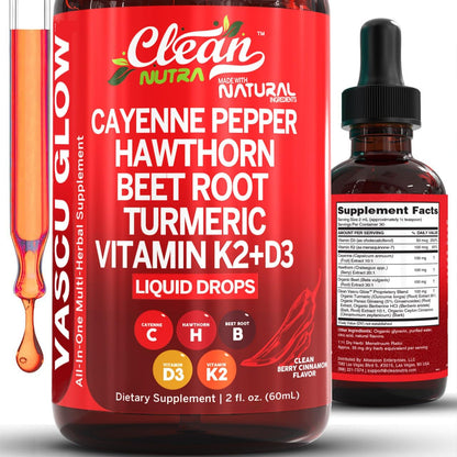 Clean Nutra Cayenne Pepper Drops Supplement Liquid + Hawthorn Berry, Vitamin D3 K2 Beet Root Powder, Ceylon Cinnamon, Turmeric Curcumin