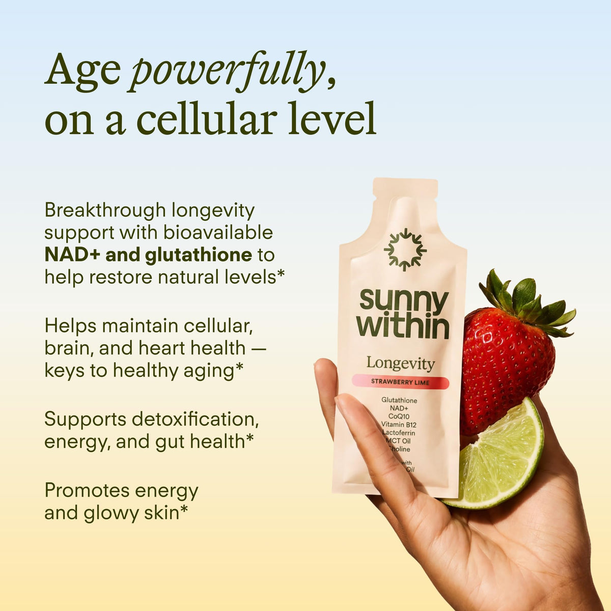 Sunny Within - Liposomal Glutathione Supplement NAD+ Longevity Mix w/Liquid NAD+, CoQ10, B12, MCT & Avocado Oil – Cellular Health, Energy, Brain, Gut & Heart Support* – Strawberry Lime – 30 Pouches Sunny WithinBuy Supplements Australia