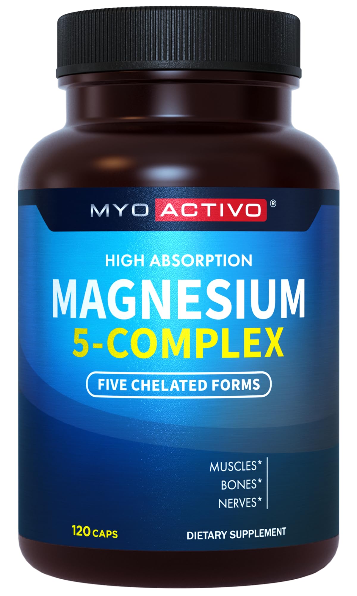 Supplement bottle labeled 'MYO ACTIVO Magnesium 5-Complex' on a white background