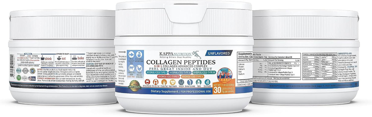 KAPPA NUTRITION Collagen Peptides Powder, 5 in 1 Multi-Collagen Advanced Complex with Hydrolyzed Collagen Peptides, Supports Skin, Hair, Nails, Joints & Bones / 30 Servings