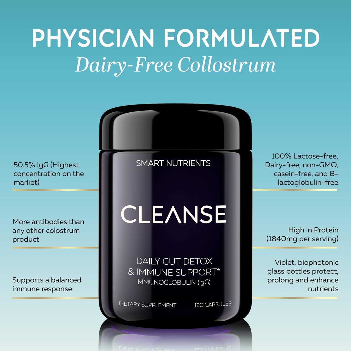 CLEANSE | IgG Dairy-Free Colostrum | 50.5% IgG Potent Concentrated Immune Support | Daily Gut Health Detox, Energy, Prebiotics, Digestive Support | 120 Capsules | 30 Day Supply, 1-Pack Smart NutrientsBuy Supplements Australia