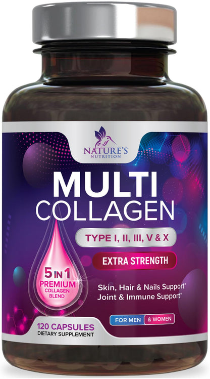 Multi Collagen Pills - Multi Collagen Complex 2400 mg Per Serving - Types I, II, III, V, X - Hydrolyzed Collagen Peptides Supplement - Hair, Skin & Nail Support - Bottled in the USA - 120 Capsules Nature's Nutrition buy supplements Au