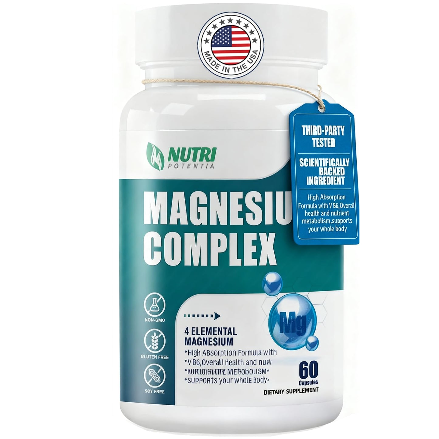 Supplement bottle labeled 'Magnesium Complex' by Nutri Potentia on a white background