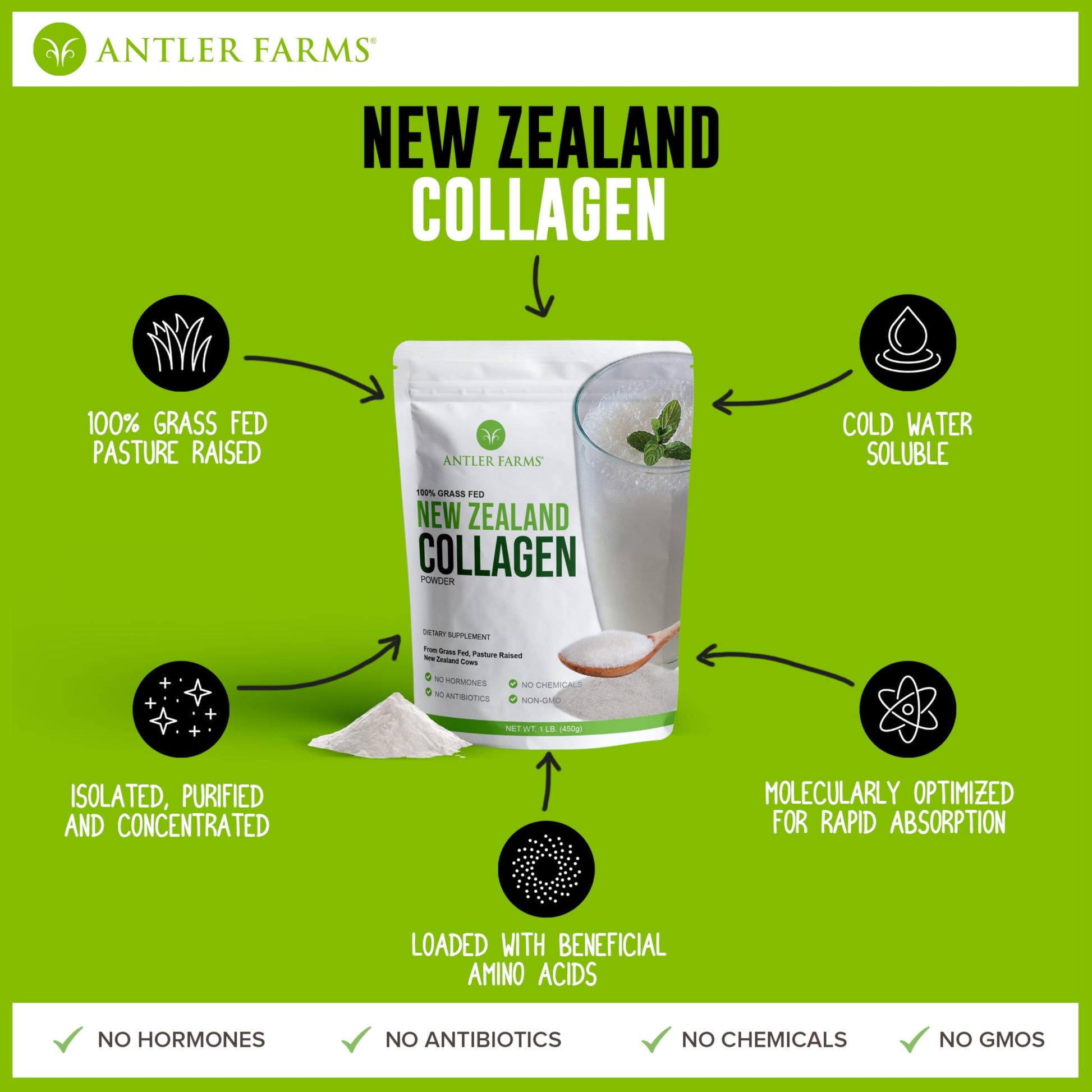 Antler Farms - 100% Pure New Zealand Collagen Powder from Grass Fed Cows, Unflavored, 1 lb - Hydrolyzed Cold Water Soluble Peptides, Keto Friendly, Bioavailable, Quick Dissolving Antler Farms buy supplements Au