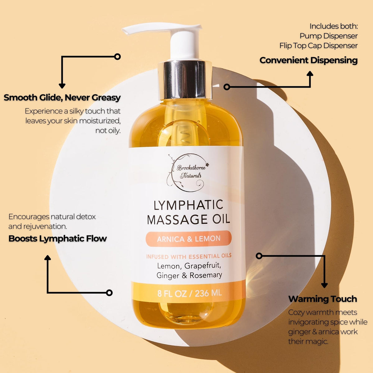 Lymphatic Massage Oil for Massage Therapy | 100% Natural Lymphatic Drainage Oil | Premium Quality with Arnica, Lemon & Ginger | for Post Surgery Recovery & Detox | 8oz by Brookethorne Naturals Brookethorne Naturals buy supplements Au