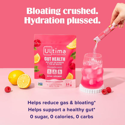 Ultima Replenisher Gut Health Supplement, Raspberry Lemonade, 14 Stickpacks | Daily Zero Sugar Electrolyte Powder Hydration Packets with 6 Key Electrolytes, Prebiotics & Probiotics for Gut Health Support