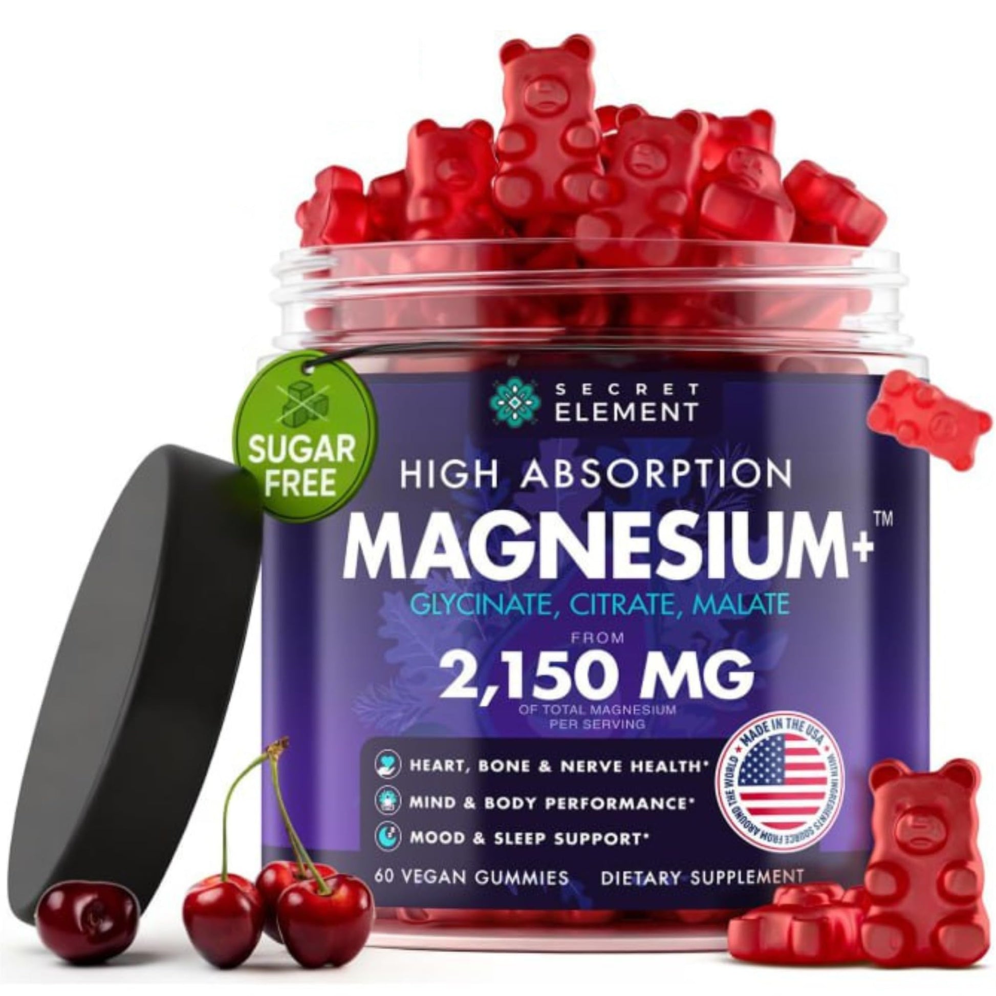 Jar of Secret Element magnesium gummy bears with cherry flavor on a white background