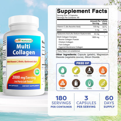 Best Naturals Multi Collagen Pills 2000mg for Women & Men - Hydrolyzed Collagen Peptides Capsules for Hair Skin and Nails with Types I