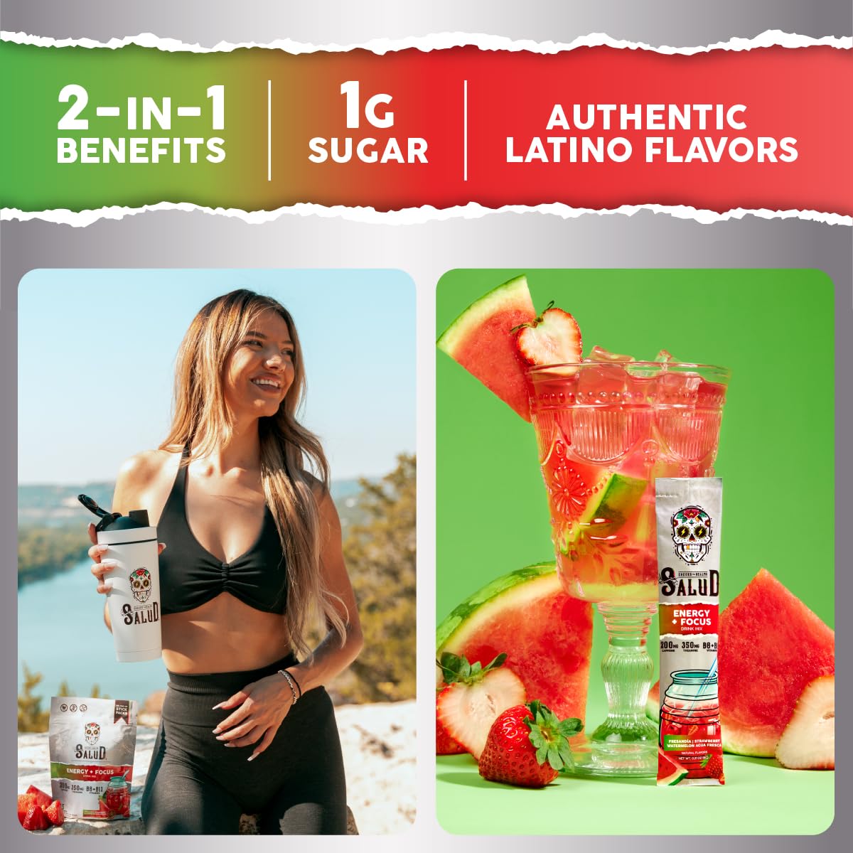 Salud 2-Pack | 2-in-1 Calm + Sleep (Punch) & Energy + Focus (Strawberry Watermelon) – 15 Servings Each, Drink Mix, Dairy & Soy Free, Non-GMO, Gluten Free, Vegan, Low Calorie, 1g of Sugar