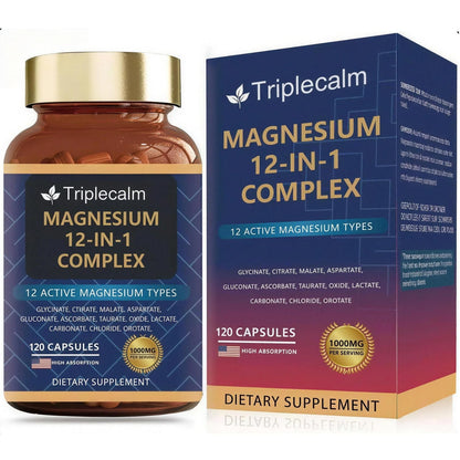 Triplecalm Magnesium 12-in-1 Complex supplement bottle and packaging on a white background