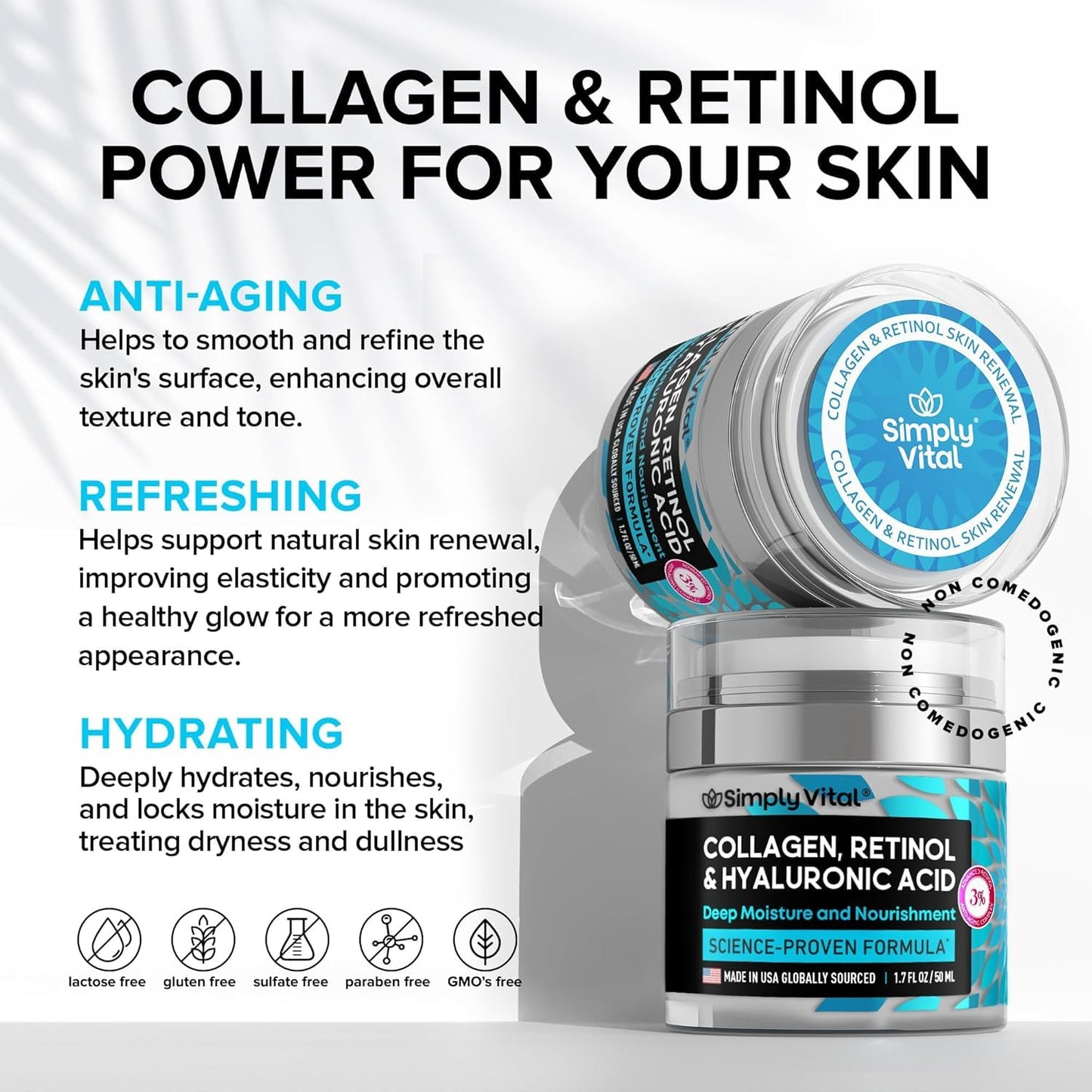 Anti-Aging Face Moisturizer with Retinol, Collagen & Hyaluronic Acid - Made in USA - Moisturizer Face Cream for Women & Men - Firming & Hydrating Neck Cream - Day & Night Skin Care - 1.7 fl oz