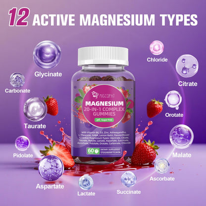 Migcopat Magnesium Complex Gummies, 20 in 1 Magnesium Gummy with Glycinate Citrate Malate Taurate - Ashwagandha, L-Theanine, D3&Zinc for Relaxation, Sleep, Muscle&Heart Support, Strawberry, 60 Cts Migcopat buy supplements Au