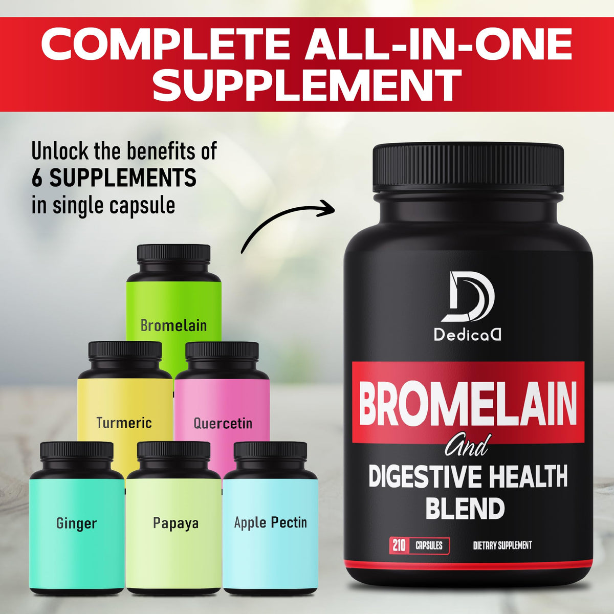 DEDICAD 6in1 Bromelain 500mg Supplement - 1000mg per Serving - 210 Capsules with Digestive Health Blend as Quercetin, Ginger, Turmeric, Papaya - Support Overall Health, Digestion & Immune System DEDICAD buy supplements Au