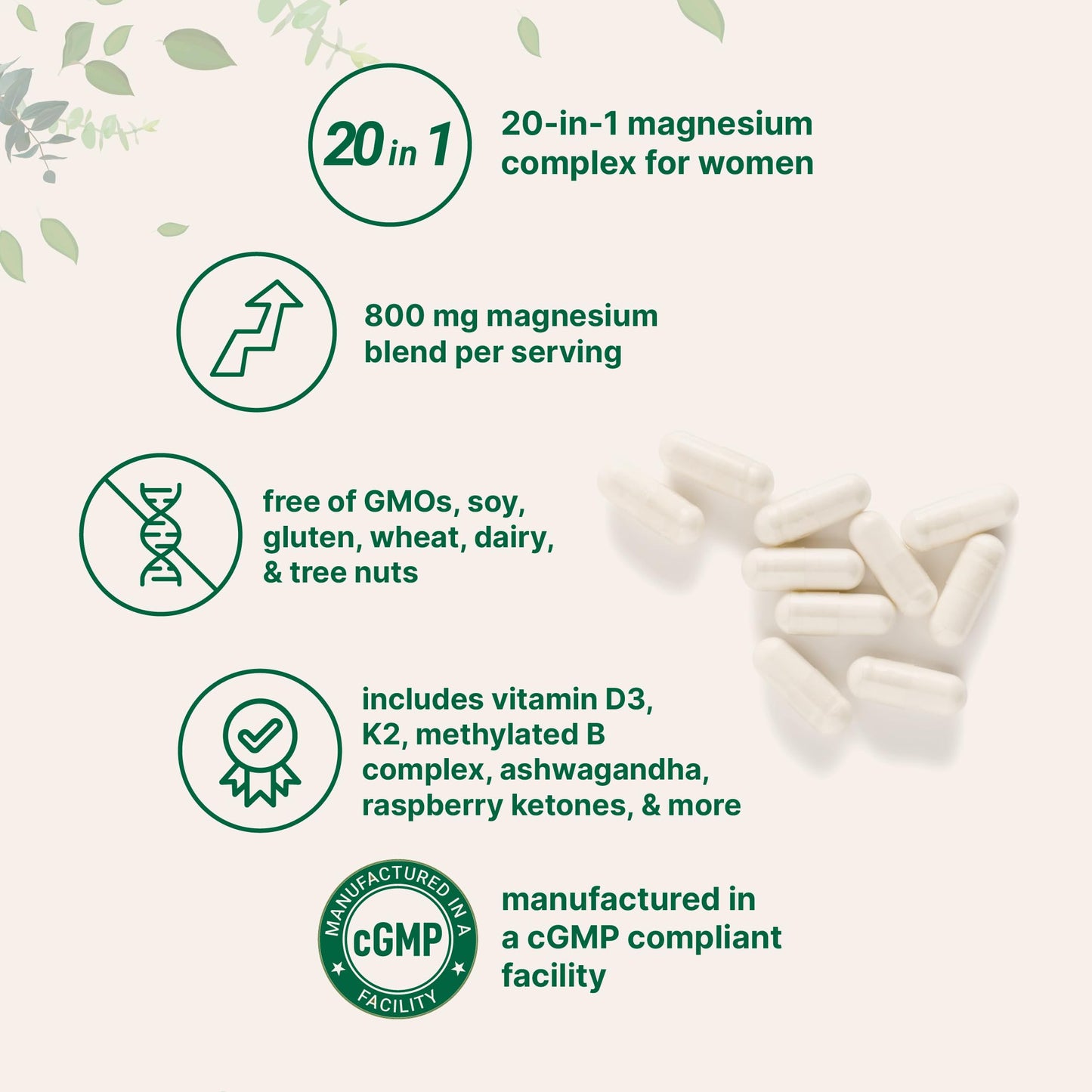 Magnesium Complex for Women, 240 Vegetarian Capsules | 20-in-1 Formula - Magnesium Blend with Vitamin D3, K2
