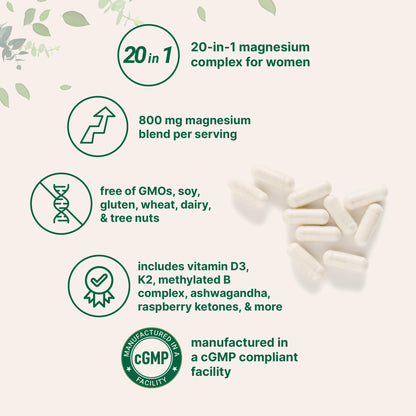 Magnesium Complex for Women, 240 Vegetarian Capsules | 20-in-1 Formula - Magnesium Blend with Vitamin D3, K2
