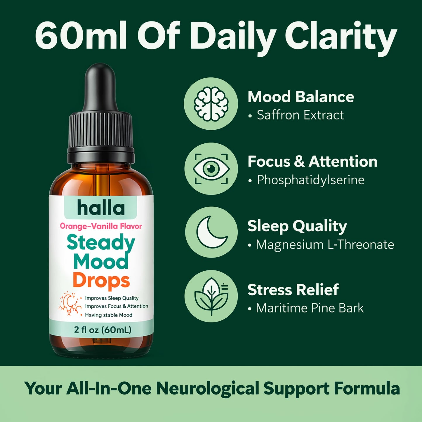 Halla Steady Mood Drops Saffron Extract, Maritime Pine Bark Extract, Phosphatidylserine, Magnesium L-Threonate, Sleep Supplements, Improves Focus & Attention, Mood Support Supplement, 60ml