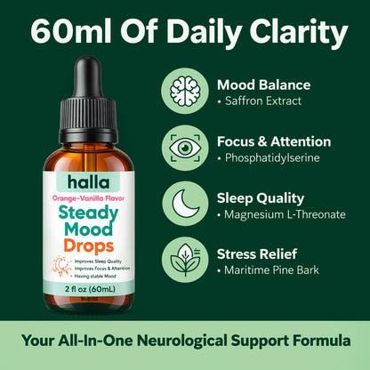 Halla Steady Mood Drops Saffron Extract, Maritime Pine Bark Extract, Phosphatidylserine, Magnesium L-Threonate, Sleep Supplements, Improves Focus & Attention, Mood Support Supplement, 60ml